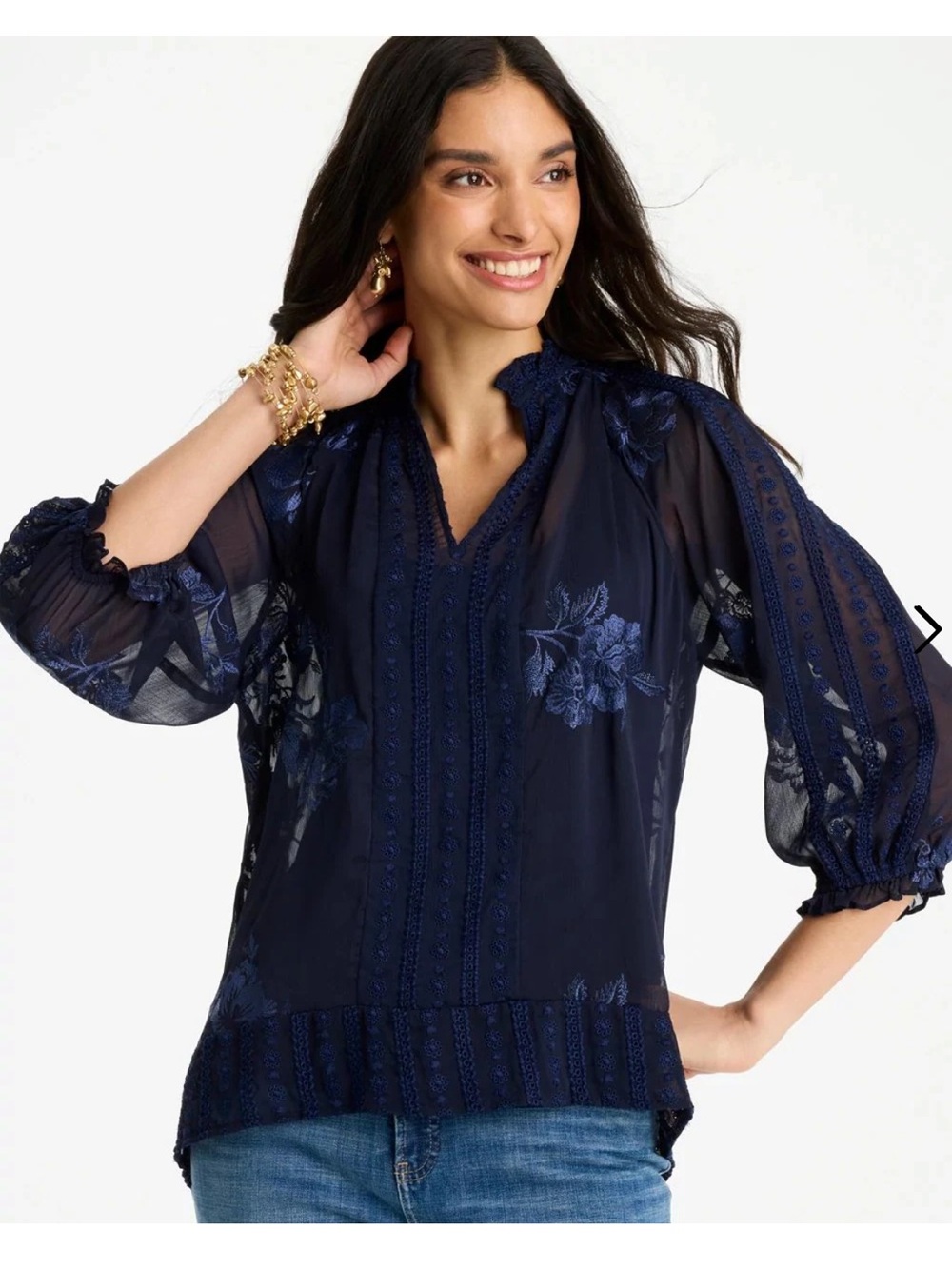Chico's Navy Sheer Tunic with Blue Floral Embroidery